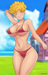 Rule 34 | 1girl, ^ ^, armpits, arms up, bikini, biting, blonde hair, blue sky, breasts, cleavage, closed eyes, curly hair, curvy, dragon ball, gummslime, highleg, highleg bikini, highres, large breasts, mature female, midriff, navel, panchy, shiny skin, short hair, simple background, sky, smile, swimsuit, thick thighs, thighs, thong bikini, wide hips