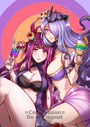 Rule 34 | 2girls, alternate costume, bandeau, bare shoulders, bikini, blush, breasts, camilla (fire emblem), color connection, commentary, commission, crown, cup, drinking glass, drinking straw, female focus, fire emblem, fire emblem engage, fire emblem fates, fire emblem heroes, flower, grin, gzei, hair flower, hair ornament, hair over one eye, highres, holding, holding cup, ivy (fire emblem), large breasts, long hair, looking at viewer, matching hair/eyes, mole, mole under mouth, multiple girls, nail polish, nintendo, official alternate costume, parted lips, pink lips, purple bikini, purple eyes, purple hair, purple nails, sarong, smile, stomach, swimsuit, thighs, trait connection, tropical drink, very long hair, watermark