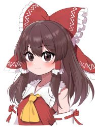 Rule 34 | 1girl, blush, bow, brown eyes, brown hair, collarbone, commentary request, detached sleeves, hair bow, hair tubes, hakurei reimu, headdress, highres, japanese clothes, long hair, miko, neckerchief, ransusan, red bow, sailor collar, sidelocks, simple background, smile, solo, touhou, upper body, white background, white sleeves, yellow neckerchief