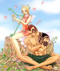 Rule 34 | 1boy, 1girl, antenna hair, arm tattoo, barefoot, blonde hair, braid, brown eyes, chest tattoo, conis (one piece), crossed arms, crossed legs, day, dress, earrings, facial tattoo, grass skirt, harp, high collar, instrument, jewelry, long hair, looking at viewer, muscular, muscular male, music, musical note, one piece, outdoors, pink dress, playing instrument, red hair, sandals, shina (ooo417ooo), shoulder tattoo, sitting, sleeping, smile, tattoo, tree stump, twin braids, white wings, wings, wyper (one piece), zzz