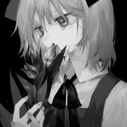 Rule 34 | 1girl, black background, cirno, collared shirt, covered mouth, fingernails, flower, flower over mouth, flower to mouth, greyscale, holding, holding flower, isshin (kaxz), looking away, monochrome, neck ribbon, ribbon, sad, shirt, short hair, solo, tears, touhou, tulip, upper body