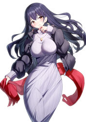 Rule 34 | 1girl, black jacket, blue hair, blush, boku no kokoro no yabai yatsu, breasts, bright pupils, commentary request, dark blue hair, down jacket, dress, highres, holding, holding clothes, holding scarf, jacket, jewelry, large breasts, light smile, long hair, looking at viewer, necklace, purple dress, red scarf, ribbed dress, ririko (zhuoyandesailaer), scarf, simple background, solo, taut clothes, taut dress, very long hair, white background, white pupils, yamada anna