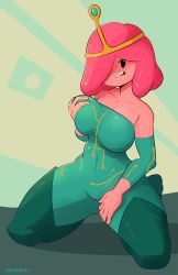 Rule 34 | 1girl, absurdres, adventure time, alternate costume, boots, colored skin, covered navel, dabble, gold trim, grabbing own breast, green footwear, hair over one eye, highres, jumpsuit, kneeling, open mouth, pink hair, pink skin, princess bonnibel bubblegum, short hair, signature, solo, teeth, thighhighs, toon (style)