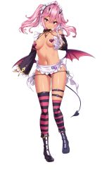 Rule 34 | 1girl, ahoge, arm at side, boku ga incubus ni naru tame ni kyou kara succubus to lesson shimasu, boots, breasts, closed mouth, demon horns, demon tail, demon wings, detached collar, detached sleeves, feet, female focus, full body, game cg, groin, hair between eyes, hand up, head tilt, highres, horns, index finger raised, legs, looking at viewer, maid, maid headdress, original, palmier (boku ga incubus ni naru tame ni kyou kara succubus to lesson shimasu), pasties, pink hair, purple eyes, pussy, shiokonbu, simple background, small breasts, smile, solo, standing, striped clothes, striped thighhighs, tachi-e, tail, thighhighs, thighs, thong, transparent background, twintails, wings