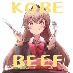Rule 34 | 1girl, aruka, beef, blazer, bow, bowtie, brown hair, brown jacket, fork, green eyes, jacket, kantai collection, kumano (kancolle), kumano kai ni (kancolle), long hair, ponytail, red bow, red bowtie, school uniform, solo, table knife, transparent background