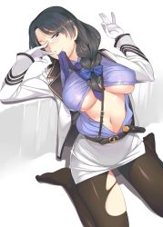 Rule 34 | 10s, 1girl, belt, black hair, black pantyhose, blush, braid, breasts, buckle, glasses, gloves, gonou hitomi, grey eyes, hair ribbon, jacket, large breasts, long hair, mouth hold, one eye closed, open clothes, open jacket, pantyhose, rail wars!, ribbon, rimless eyewear, ryuuta (msxtr), simple background, sitting, skirt, smile, solo, strap, torn clothes, torn pantyhose, unbuttoned, underboob, uniform, wariza, white gloves