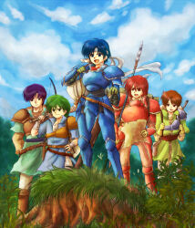 Rule 34 | 5boys, :d, alm (fire emblem), armor, blue armor, blue eyes, blue hair, brown hair, fire emblem, fire emblem gaiden, gray (fire emblem), green hair, holding, holding map, holding sword, holding weapon, kliff (fire emblem), lukas (fire emblem), map, multiple boys, nintendo, open mouth, outdoors, purple hair, red-50869, red armor, red hair, smile, standing, sword, tobin (fire emblem), weapon