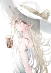 Rule 34 | 1girl, :3, animal ears, blush, closed mouth, cup, drink, drinking straw, eyelashes, from behind, green eyes, grey hair, grey ribbon, hair between eyes, hat, hat ribbon, holding, holding cup, ice, komi eshi, large hat, light, long hair, looking at viewer, monster girl, original, ribbon, shirt, sidelocks, simple background, solo, white background, white shirt