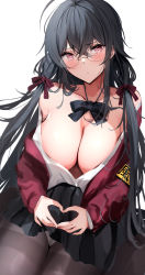 Rule 34 | 1girl, ahoge, armband, azur lane, bare shoulders, black hair, blush, breasts, cleavage, collarbone, crossed bangs, highres, itete, jacket, large breasts, long hair, long sleeves, looking at viewer, official alternate costume, red eyes, red jacket, solo, taihou (azur lane), taihou (sweet time after school) (azur lane), thighs, yellow armband