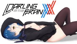 Rule 34 | 1girl, black jacket, black necktie, black pantyhose, blue hair, breasts, clothes pull, commentary, copyright name, darling in the franxx, green eyes, hair ornament, hairclip, highres, ichigo (darling in the franxx), jacket, jewelry, looking at viewer, lying, necklace, necktie, no panties, on back, open clothes, open jacket, pantyhose, short hair, small breasts, solo, soveno, thighhighs