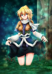 Rule 34 | 1girl, bad id, bad pixiv id, blonde hair, breasts, clothes lift, detached sleeves, female focus, fingernails, green eyes, highres, long fingernails, mizuhashi parsee, ootsuki wataru, pointy ears, ponytail, scarf, sharp fingernails, short hair, short sleeves, skirt, skirt lift, solo, touhou, wading