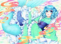 Rule 34 | 1girl, blue eyes, blue hair, breasts, drill hair, fins, frilled kimono, frills, full body, funnyfunny, green kimono, hand up, head fins, japanese clothes, kimono, long sleeves, looking up, lying, medium breasts, mermaid, monster girl, obi, on back, open mouth, sash, smile, solo, touhou, traditional media, wakasagihime, wide sleeves