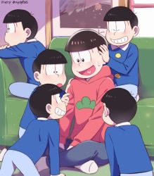 Rule 34 | 10s, 6+boys, age regression, aged down, artist name, bad id, bad pixiv id, brothers, couch, head rest, heart, heart in mouth, hood, hoodie, indian style, kneeling, looking at another, male focus, matching outfits, matsuno choromatsu, matsuno ichimatsu, matsuno jyushimatsu, matsuno karamatsu, matsuno osomatsu, matsuno todomatsu, mery (yangmalgage), multiple boys, osomatsu-kun, osomatsu-san, osomatsu (series), pants, sextuplets, siblings, sitting, smile, socks, sweatdrop, twitter username, wing collar