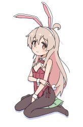 Rule 34 | 1girl, ahoge, animal ear hairband, animal ears, bare arms, bare shoulders, between legs, black pantyhose, bow, bowtie, breasts, brown eyes, commentary, detached collar, dot nose, fake animal ears, full body, hairband, hand between legs, highres, leotard, light blush, light smile, long hair, no shoes, onii-chan wa oshimai!, oyama mahiro, pantyhose, pink hair, playboy bunny, rabbit ears, rabbit tail, red bow, red bowtie, red leotard, sfm zhang, simple background, sitting, small breasts, solo, strapless, strapless leotard, symbol-only commentary, tail, v, very long hair, wariza, white background, white hairband, wrist cuffs