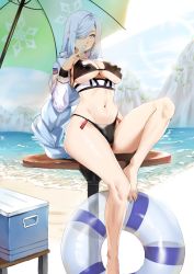 Rule 34 | 1girl, beach, beach umbrella, bikini, blue hair, breasts, clear sky, cleavage, commission, cooler, day, food, food in mouth, genshin impact, hair over one eye, highres, inflatable raft, large breasts, long bangs, long hair, looking at viewer, navel, outdoors, parasol, popsicle, popsicle in mouth, sebakanken, shenhe (genshin impact), sky, solo, swimsuit, table, thighs, umbrella