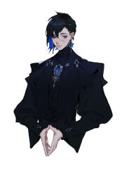 Rule 34 | 1boy, absurdres, androgynous, asymmetrical hair, beads, belt, black hair, black jacket, black shirt, black theme, black vest, blue eyes, blue hair, brooch, closed mouth, colored inner hair, cropped shirt, earrings, elrohirz, hair beads, hair between eyes, hair ornament, highres, jacket, jewelry, light smile, long sleeves, looking at viewer, multicolored hair, original, own hands together, piercing, puffy long sleeves, puffy sleeves, sash, shirt, simple background, slit pupils, smile, solo, steepled fingers, two-tone hair, vest, white background