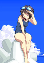 Rule 34 | 1girl, barefoot, brown eyes, brown hair, cloud, curvy, day, goggles, goggles on head, legs, one-piece swimsuit, original, sanemichi hajime, school swimsuit, shading eyes, short hair, sitting, sky, solo, swimsuit, tetrapod, thighs