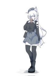 Rule 34 | 1girl, ahoge, animal ears, bag, beret, black choker, black footwear, black shirt, black thighhighs, boots, box, breasts, choker, clothing cutout, collarbone, copyright request, corrupted twitter file, full body, gift, gift box, grey hat, grey skirt, hand up, hat, highres, holding, holding gift, long hair, long sleeves, medium breasts, pleated skirt, puffy long sleeves, puffy sleeves, shadow, shirt, shoulder bag, shoulder cutout, skirt, sleeves past wrists, solo, standing, tamamo ozen, thighhighs, thighhighs under boots, very long hair, white background, white hair