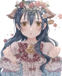 Rule 34 | 1girl, 2021, animal ears, bell, blue hair, blush, chinese zodiac, collar, commentary request, cow ears, ear tag, flower, hair between eyes, hair flower, hair ornament, highres, long hair, long sleeves, looking at viewer, love live!, love live! school idol festival, love live! school idol project, neck bell, neck ribbon, ribbon, rococomm123, simple background, sonoda umi, swept bangs, white background, year of the ox, yellow eyes