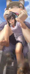 Rule 34 | 2girls, absurdres, aircraft, airplane, animal ears, barefoot, blush, brown eyes, brown hair, building, character request, city, destruction, giant, giantess, headphones, heart, highres, huge giantess, jewelry, multiple girls, necklace, open mouth, shorts, size difference, tongue, uru (uru0000)