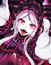 Rule 34 | 1girl, arms up, breasts, fangs, frills, from above, glowing, gothic lolita, lolita fashion, looking at viewer, nyamota, open mouth, overlord (maruyama), purple hair, red eyes, ribbon, shalltear bloodfallen, solo, vampire