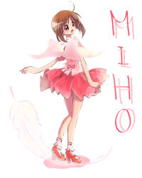 Rule 34 | 1girl, alternate costume, angel wings, blouse, bobby socks, brown eyes, brown hair, character name, commentary, feathers, from behind, full body, girls und panzer, high heels, looking at viewer, looking back, mary janes, miniskirt, nishizumi miho, open mouth, pink shirt, pink socks, pleated skirt, red footwear, red skirt, rurikoke, shadow, shirt, shoes, short hair, short sleeves, simple background, skirt, smile, socks, solo, standing, white background, wings