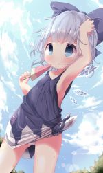 Rule 34 | 1girl, akisha, arm up, armpits, bad id, bad pixiv id, bare arms, blue dress, blue eyes, blue sky, blush, bow, cirno, cloud, collarbone, day, dress, food, hair bow, highres, ice, ice wings, lens flare, panties, pantyshot, popsicle, silver hair, sky, sleeveless, sleeveless dress, solo, standing, sweat, thighs, tied dress, touhou, underwear, white panties, wings