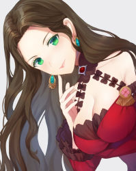 Rule 34 | 1girl, breasts, brown hair, cleavage, closed mouth, dorothea arnault, earrings, fire emblem, fire emblem: three houses, green eyes, grey background, jewelry, jurge, large breasts, long hair, long sleeves, nintendo, simple background, solo, upper body