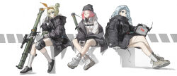 Rule 34 | 3girls, absurdres, bandaid, bandaid on face, bandaid on nose, beanie, black jacket, blonde hair, blue hair, closed eyes, computer, countryman (artist), field ration, full body, girls&#039; frontline, gloves, grin, hat, headphones, headphones around neck, highres, holding, holding laptop, hood, hood down, hooded jacket, hoodie, jacket, kettle, knee pads, laptop, long hoodie, looking at viewer, man-portable anti-tank systems, mk 153 (girls&#039; frontline), mk 153 shoulder-launched multipurpose assault weapon, mk 153 smaw, multiple girls, pink hair, rocket launcher, second-party source, shoes, simple background, single knee pad, smile, sneakers, socks, tactical clothes, weapon, white background, white gloves, woollen cap