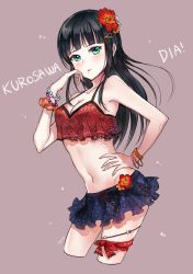 Rule 34 | 1girl, absurdres, aqua eyes, bikini, bikini skirt, black hair, blunt bangs, blush, bracelet, breasts, character name, cleavage, cropped legs, flower, grey background, hair flower, hair ornament, hairpin, hand on own hip, hand on own face, highres, hyugo, jewelry, kurosawa dia, leg ribbon, looking at viewer, love live!, love live! school idol festival, love live! sunshine!!, md5 mismatch, medium breasts, midriff, mole, mole under mouth, navel, parted lips, pearl bracelet, purple background, revision, ribbon, scrunchie, simple background, solo, swimsuit, tankini, thigh ribbon, thighlet, wrist scrunchie, wristband