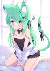 Rule 34 | 1girl, :t, ahoge, animal ear fluff, animal ears, bare shoulders, barefoot, between legs, black camisole, black ribbon, blush, bow, breasts, camisole, cat ears, cat girl, cat tail, commentary request, frilled camisole, frills, green eyes, green hair, hair between eyes, hair ornament, hand between legs, indoors, looking at viewer, mikaze oto, on bed, original, pout, red bow, ribbon, seiza, sitting, small breasts, solo, spaghetti strap, squiggle, strap slip, tail, tail ornament, tail raised, tail ribbon, window, x hair ornament