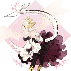 Rule 34 | 1girl, albino, black pantyhose, drag-on dragoon, drag-on dragoon 3, dragon girl, dragon tail, dragon wings, dress, feathers, from side, genderswap, genderswap (mtf), horns, leaning forward, mikhail (drag-on dragoon), monster, pantyhose, personification, profile, shinzui (fantasysky7), simple background, standing, tail, white dress, wings