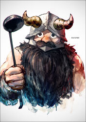 Rule 34 | 1boy, artist name, beard, black eyes, black hair, commentary request, cropped torso, dungeon meshi, dwarf, facial hair, fake horns, helmet, holding, holding ladle, horned helmet, horns, k-suwabe, ladle, long beard, male focus, mustache, nose, senshi (dungeon meshi), simple background, solo, white background