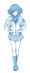 Rule 34 | 10s, 1girl, akiyama yukari, bbb (friskuser), blue theme, bomber jacket, female focus, full body, girls und panzer, hands in pockets, highres, jacket, loafers, md5 mismatch, messy hair, monochrome, one eye closed, pleated skirt, school uniform, shoes, short hair, simple background, sketch, skirt, smile, solo, taxi driver, uniform, white background