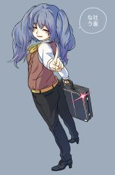 Rule 34 | 10s, 1girl, bad id, bad pixiv id, blue background, blue eyes, blue hair, blush, briefcase, chiwa (wakamukuroko), full body, heterochromia, high heels, highres, long hair, looking back, matching hair/eyes, open mouth, pants, red eyes, simple background, solo, standing, tokyo ghoul, tokyo ghoul:re, twintails, yonebayashi saiko