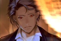Rule 34 | 1boy, absurdres, blurry, blurry background, brown background, chikage (chi g0), closed mouth, collarbone, crying, crying with eyes open, grey hair, highres, jacket, looking at viewer, male focus, portrait, red eyes, sad, shirt, shitara seiji, short hair, solo, tears, tears from one eye, tokimeki memorial, tokimeki memorial girl&#039;s side 3rd story, white shirt