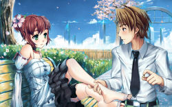 Rule 34 | 10s, 1boy, 1girl, alternate hairstyle, amputee, armless amputee, bad id, bad pixiv id, barefoot, bench, blush, brown hair, cherry blossoms, choker, couple, detached sleeves, double amputee, dress, eye contact, feet, flower, good end, green eyes, hair flower, hair ornament, hair up, highres, holding another&#039;s foot, jewelry, katawa shoujo, looking at another, nakai hisao, no arms, marriage proposal, ring, sitting, softmode, tezuka rin, toe ring, toeless legwear, toeless thighhighs, toes, wallpaper