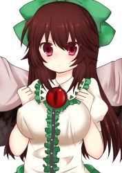 Rule 34 | 1girl, bad id, bad pixiv id, blush, breasts, brown hair, female focus, hair ribbon, haruta (806060), large breasts, long hair, red eyes, ribbon, simple background, solo, sweatdrop, touhou, white background