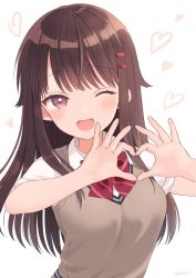 Rule 34 | 1girl, blush, bow, bowtie, breasts, brown eyes, brown hair, collared shirt, fang, hair flaps, hair ornament, hairclip, heart, heart hands, highres, long hair, looking at viewer, medium breasts, one eye closed, open mouth, original, school uniform, shirt, short sleeves, sidelocks, signature, simple background, skin fang, smile, solo, sweater vest, swept bangs, tsurime, uniform, upper body, uramakaron, white shirt