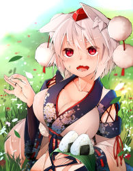 Rule 34 | 1girl, alternate costume, animal ears, blush, breasts, cleavage, detached sleeves, fangs, floral print, food, food on face, hat, highres, hira (nanika no heya), huge breasts, inubashiri momiji, japanese clothes, kimono, long sleeves, looking at viewer, obi, onigiri, open mouth, pom pom (clothes), red eyes, ribbon, sash, short hair, sitting, solo, string, tail, tokin hat, touhou, wide sleeves, wolf ears, wolf tail