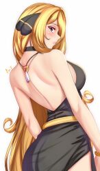 Rule 34 | 1girl, anisdrawn, ass, backless dress, backless outfit, bare shoulders, black dress, blonde hair, blush, bracelet, breasts, closed mouth, creatures (company), cynthia (pokemon), dress, from behind, game freak, gold bracelet, grey eyes, hair ornament, highres, jewelry, large breasts, lips, long hair, looking back, nintendo, pendant, pokemon, pokemon dppt, profile, simple background, solo, very long hair, white background