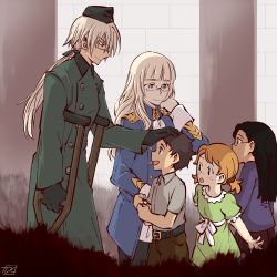Rule 34 | 1boy, 4girls, blonde hair, coat, crutch, garrison cap, glasses, hanna rudel, hat, headpat, i crave dess, multiple girls, pantyhose, perrine h. clostermann, scar, scar on face, strike witches, trench coat, world witches series, yellow eyes
