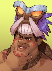 Rule 34 | 1boy, brown hair, crash bandicoot (series), dark-skinned male, dark skin, facial tattoo, fat, fat man, feathers, green background, green eyes, grin, half-closed eyes, hand on own chin, hand up, happy, headpiece, jewelry, lips, long hair, male focus, necklace, papu papu, simple background, smile, solo, stroking own chin, tattoo, teeth, thinking, tribal, upper body, wamudraws