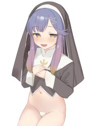 Rule 34 | 1girl, alternate costume, black hat, blue hair, blush, commentary request, habit, hair ornament, hat, highres, kantai collection, long hair, long sleeves, looking at viewer, maebari, multicolored hair, nun, open mouth, orange hair, purple hair, sakieko, sidelocks, simple background, solo, tsushima (kancolle), white background
