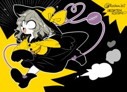 Rule 34 | 1girl, black footwear, black skirt, blouse, boots, constricted pupils, emphasis lines, english text, hat, hat ribbon, heart, heart of string, komeiji koishi, long sleeves, looking afar, open mouth, ribbon, running, shirt, silver hair, skirt, solo, sparkle, third eye, touhou, twitter username, wide sleeves, yellow shirt, yt (wai-tei)