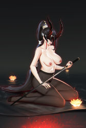 Rule 34 | 1girl, absurdres, black background, black hair, black pantyhose, blindfold, breasts, closed mouth, collarbone, covered navel, full body, high ponytail, highres, holding, holding sword, holding weapon, horns, izaac, lamp, large breasts, lipstick, long hair, makeup, nail polish, ning hongye (yong jie wujian), nipples, no shoes, pantyhose, red lips, red nails, simple background, sitting, solo, sword, topless, very long hair, weapon, yokozuwari, yong jie wujian