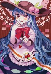 Rule 34 | 1girl, :3, :p, black hat, blouse, blue hair, blue nails, blue skirt, blush, bow, bowtie, cake, closed mouth, commentary, cowboy shot, fingernails, food, food on face, fruit, hand up, hat, highres, hinanawi tenshi, holding, holding spoon, long hair, looking at viewer, mushiao, nail polish, peach, plate, red bow, red bowtie, red eyes, shirt, skirt, solo, spoon, strawberry, tongue, tongue out, touhou, very long hair, white shirt