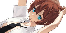 Rule 34 | 1girl, black necktie, blue eyes, breasts, brown hair, collared shirt, dutch angle, hair between eyes, hair tie in mouth, highres, looking at viewer, mouth hold, necktie, nuri (yoon cook), open collar, original, partially undressed, shirt, short sleeves, simple background, small breasts, solo, tying hair, white shirt, wings, yoon cook