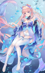 Rule 34 | 1girl, absurdres, air bubble, artist name, babydoll, bare shoulders, bloomers, blue hair, bow-shaped hair, breasts, bubble, choker, cleavage, closed mouth, colored tips, commentary request, detached sleeves, feet, fish, floating hair, frilled babydoll, frilled sleeves, frills, full body, genshin impact, gloves, half gloves, head wings, highres, knees together feet apart, lace-trimmed choker, lace trim, legs, long hair, looking at viewer, medium breasts, melailai, multicolored hair, nail polish, navel, no shoes, paid reward available, pink hair, purple eyes, sangonomiya kokomi, see-through, see-through legwear, signature, smile, solo, thighhighs, toenail polish, toenails, toes, twintails, two-tone hair, underwater, underwear, very long hair, vision (genshin impact), white bloomers, white gloves, white thighhighs, wide sleeves, wings