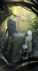 Rule 34 | 2boys, absurdres, ball and chain (weapon), blood, blood splatter, blurry, cloak, commentary, copyright name, depth of field, fantasy, feathers, forest, from above, from behind, hands in pockets, highres, hood, leaf, long hair, multiple boys, nature, out of frame, path, pixiv fantasia, pixiv fantasia revenge of the darkness, ponytail, road, shadow, sheath, short hair, sword, weapon, white hair, wind